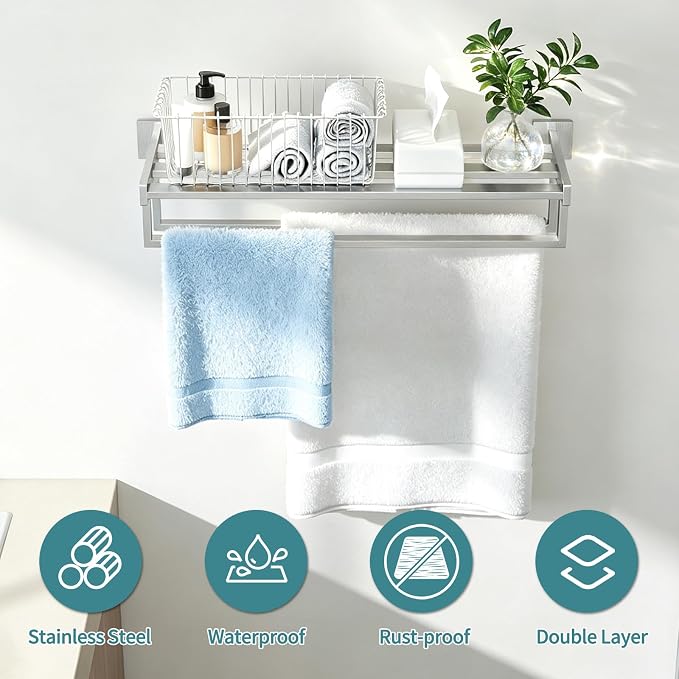STWWO Double Towel Racks for Bathroom Wall Mounted, 24 Inch, Brushed Nickel | Double Towel Bar with Shelf, Dual Towel Rack with Shelf, Stainless Steel Hand Towel Hanger, Bath Towel Holder for Wall