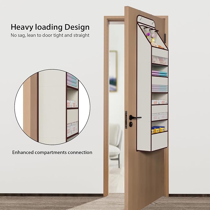 Univivi Fabric Over Door Hanging Organizer for Baby Nursery, Beige, 5-Shelf | Door Storage with Large Capacity Breathable Mesh Pockets, Over the Door Organizer for Baby Essential, Bedroom and Dorm