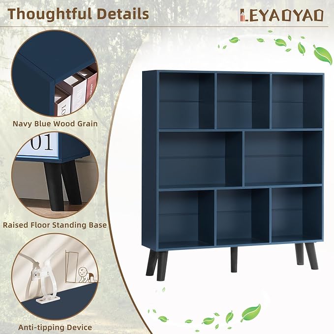 LEYAOYAO 8 Cube Bookshelf,Mid-Century Modern Book Shelf with Legs,Dark Blue | 3 Tier Bookcase, Rustic Wood Bookshelves Freestanding Large Storage Organizer, Open Shelves for Bedroom, Living Room, Office