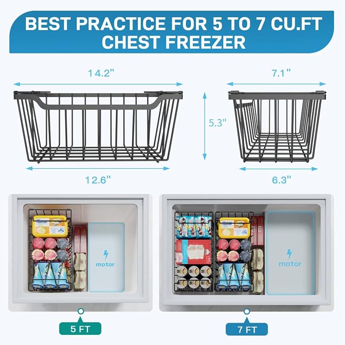 SUNALLY Freezer Organizer Bins, 8 Pack Stackable Pantry Storage Bins, Black | Chest Freezer Organizer for 5-7 Cu.FT Deep Freezer to Sort Frozen Meats & Food, Wire Baskets for Pantry Organizers & Storage