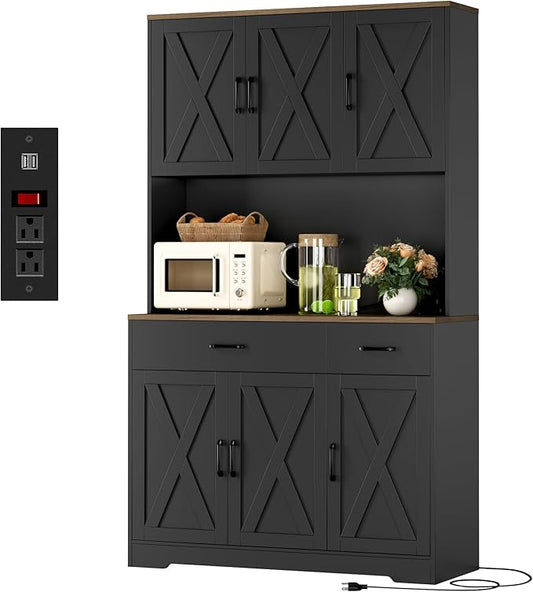 HOSTACK 71"H Kitchen Pantry Storage Cabinet, Farmhouse Hutch Cabinet, Black | Space-Saving Pantry Cabinet with Charging Station & 2 Large Drawers & Adjustable Shelves, Tall Kitchen Hutch for Dining Room