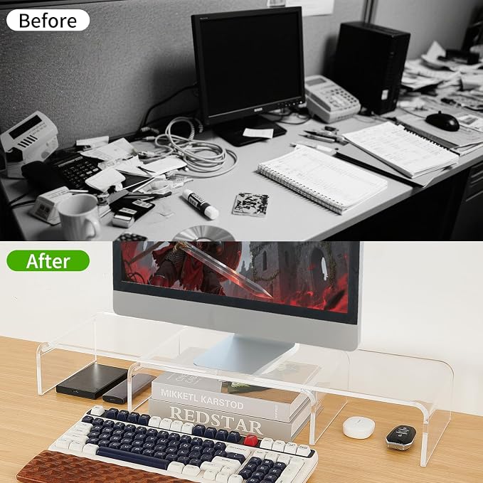 LEKETREE Acrylic Monitor Stand , Clear Monitor Stand for Desk, Computer Accessories for Home Office, Desk Organizer Shelf for Laptop, PC, Multi Media and more