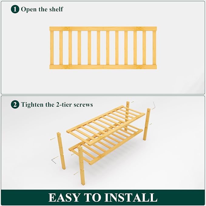 Smiry Bamboo Shoe Rack, 12 Vertical Slats, 2 Tier - 26.8" Wide, Natural | Stackable Free Standing Wooden Shoe Organizer, Wood Shoe Storage Shelf for Closet, Entryway