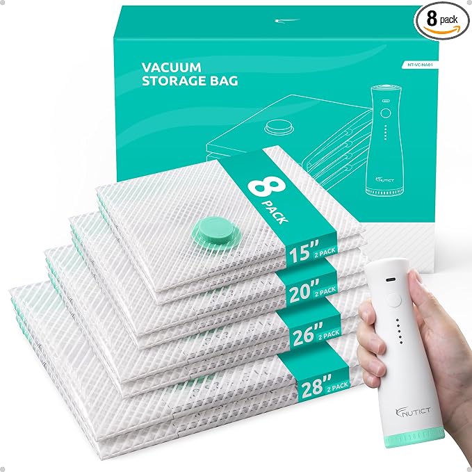 Travel Vacuum Bags with Electric Pump, Clothes & Blankets Storage, 8 Pack | 4 Sizes, Compression Packing Seal Bag for Luggage & Suitcase, Extra-Thick 3.5 Mil Reusable, Cruise Ship Vacation Space Saver