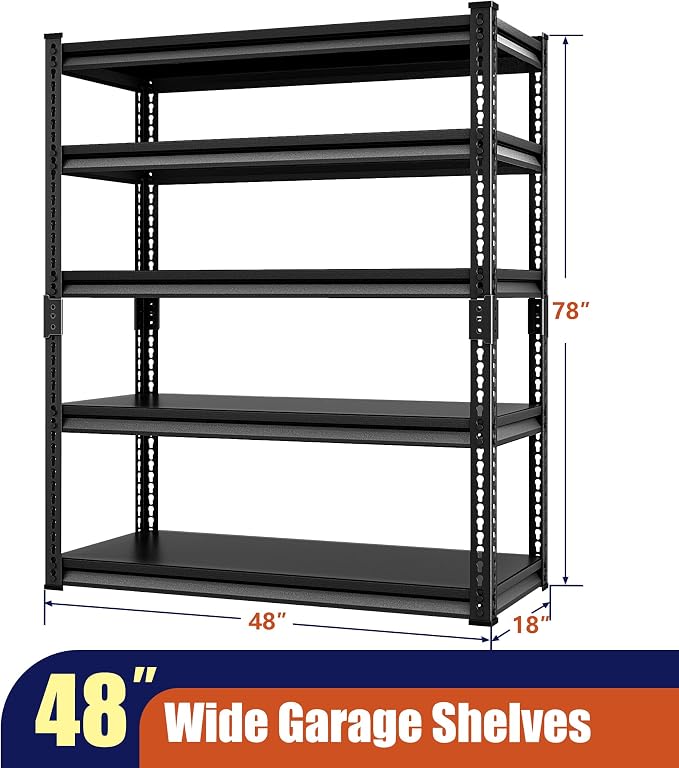 48" W Garage Shelving Heavy Duty, 2400LBS Loads Adjustable Garage Storage Shelves, 5-Tier Metal Shelving Units and Storage Racks, Industrial Utility Shelf, 48" Wx18 Dx78 H, Black