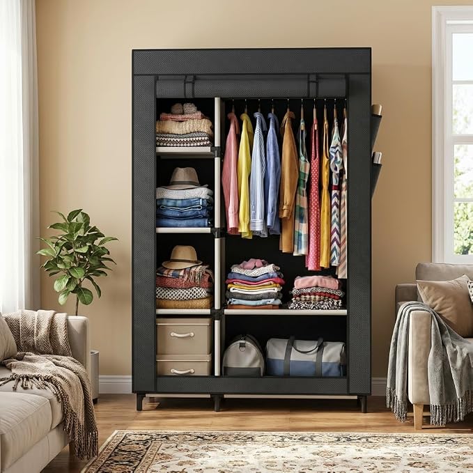 Calmootey Portable Closet Organizer, Space-Saving Storage System for Home | Sturdy Rod for Coats, 6 Shelves for Folded Clothes, 4 Side Pockets for Small Items, Non-Woven Dustproof Cover, Black
