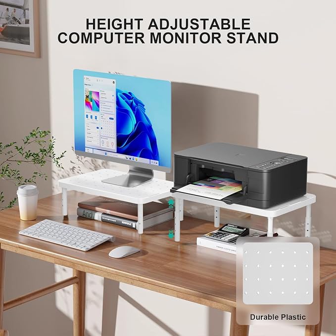 WALI Computer Monitor Stand for Desk, Adjustable Laptop Riser, Desk Monitor Stand Underneath Storage for Office, Home, School Supplies (PTT001-W), 1 Pack, White