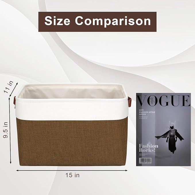 Bagnizer Storage Bins Large Fabric Storage Baskets for Shelves 3 Pack, Decorative Linen Closet Baskets with Handles for Organizing, Shelf, Clothes, Home, Office, 15x11x9.5Inches (Brown&White)