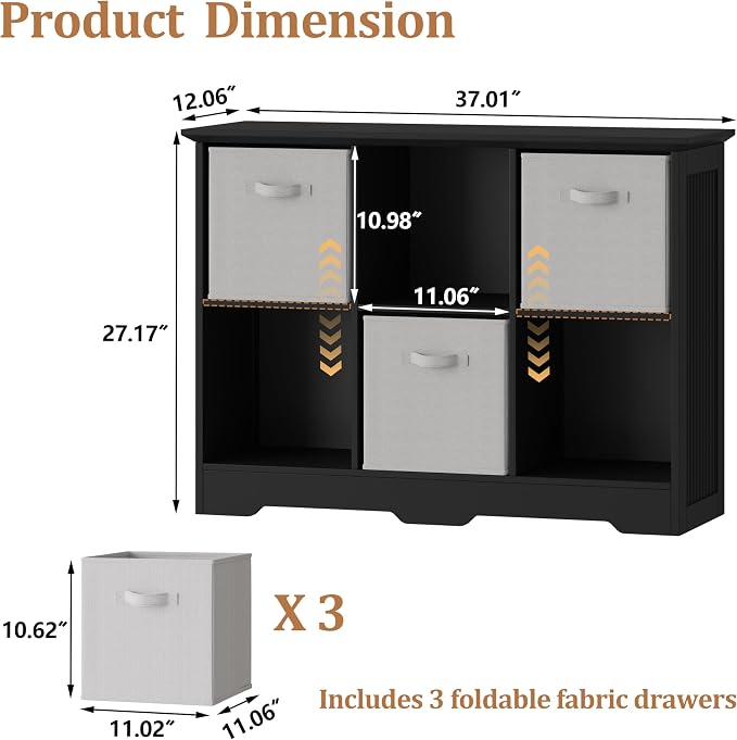 6 Cube Storage Organizer Shelf, Wood Cubby Storage with 3 Fabric Drawers | 2 Tier Wooden Bookshelf with 2 Adjustable Shelves, Fluted Side Panels Bookcase for Bedroom, Living Room, Home Office, Black