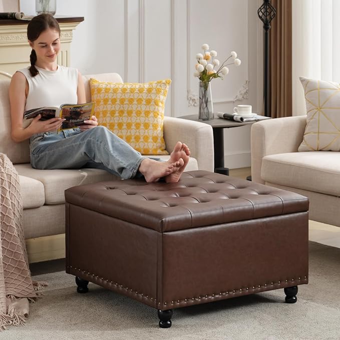 Tbfit Large Square Storage Ottoman Bench, Button Tufted Upholstered Coffee Table Ottoman with Wooden Legs, Oversized Storage Ottomans Toy Box Footrest for Living Room, Brown