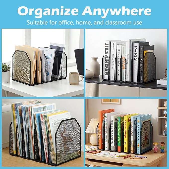 7-Section Vertical Mesh File Sorter, Black Metal Desktop Document Organizer with Extra Wide Spacing, Metal Paper Holder for Home Office Classroom Desk Storage