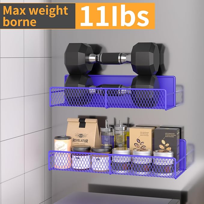 DTUQYX Magnetic Spice Rack for Refrigerator, 4 Pack 100% Metal Strong Magnet Fridge Shelves, Space Saving Spice Organizer, No Drilling Home Kitchen Laundry Room Storage Organization, Purple Blue