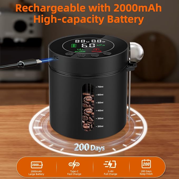 Automatic Vacuum Coffee Canister, 0.8L Coffee Container with LED Display | Smart Pressure Sensor,Window,Scoop Rechargeable Airtight Electric Coffee Bean Storage for Home Kitchen Ground Food Storage