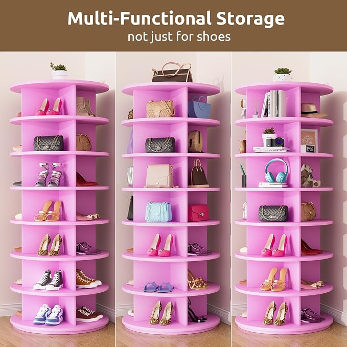 Rotating Shoe Rack 7 Tier Spinning Shoes Organizer Tower for 28-32 Pairs Lazy Susan 360 Revolving Shoe Storage Cabinet Rotate Shoe Handbag Rack Round Carousel for Closet, Bedroom (Pink)