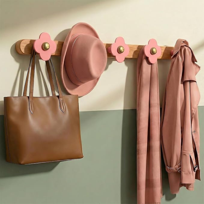 Tindbea Upgreded Heavy Duty Coat Rack Wall Mount for Entryway, Kids' Room | Cheery Wood, Pink, 5 Hooks