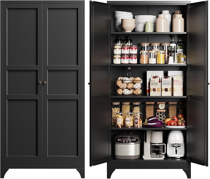 Yizosh Metal Storage Cabinet with 2 Doors and 4 Adjustable Shelves,- 72" Black Kitchen Pantry Storage Cabinet for Kitchen,Living Room,Dining Room