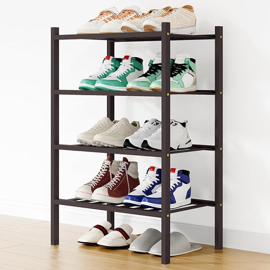 Smiry Bamboo Shoe Rack, 12 Vertical Slats, 4 Tier - 17.3" Wide, Brown | Stackable Free Standing Wooden Shoe Organizer, Wood Shoe Storage Shelf for Closet, Entryway