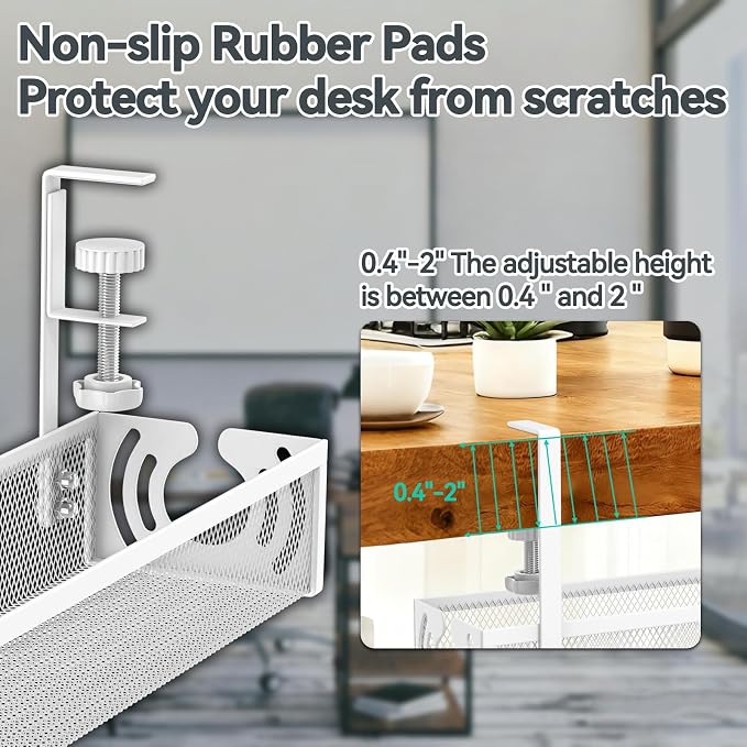 Cable Management, 15'' Under Desk Cable Management Tray No Drill | Metal Cable Organizer with Clamp for Wire Management, Cord Organizer for Home Office, Desk Accessories Organizer, White