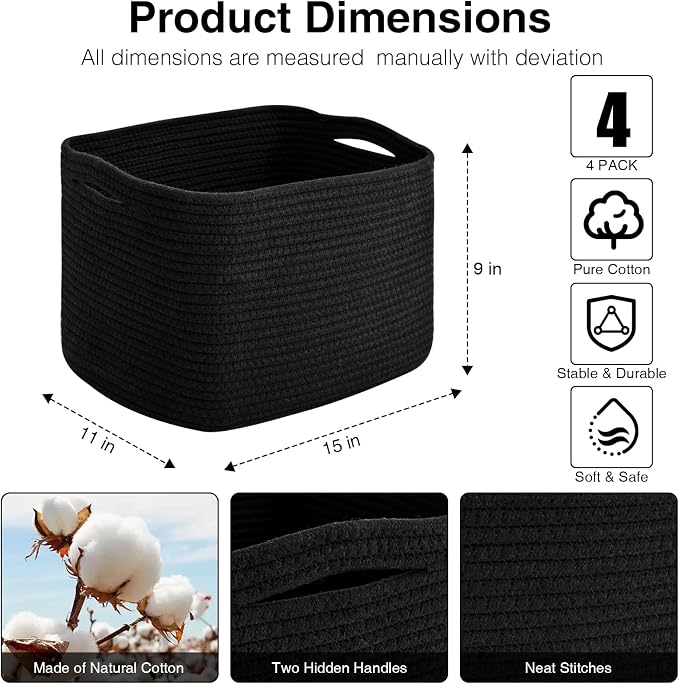 ICERZCZ Woven Cotton Rope Storage Baskets for Organizing & Shelves, Organization Bins for Dog Toys, Clothes, Books, Nursery Organizer, 15"x11"x9", Black (4 Packs)