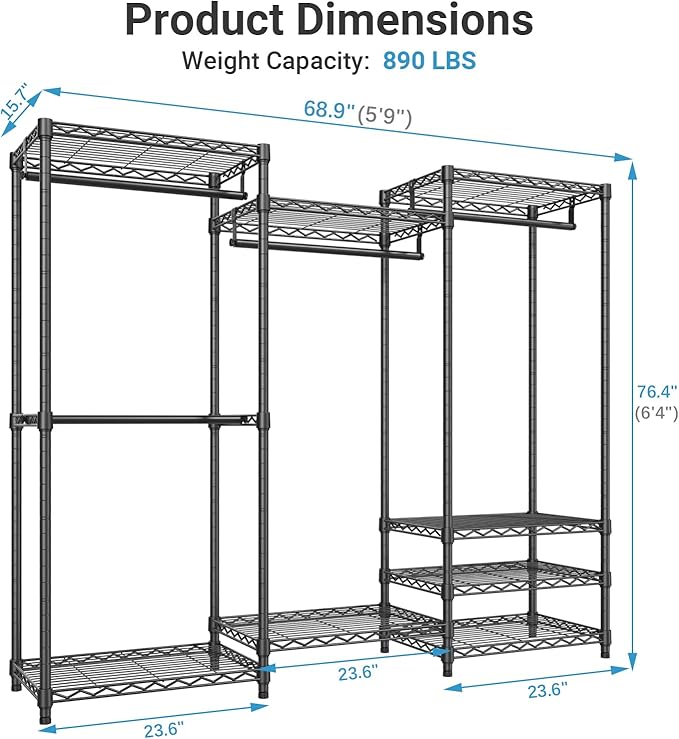 VIPEK V5 Heavy Duty Clothes Rack, Portable Closet Wardrobe with 4 Hanging Rods & 8 Shelves, Freestanding Adjustable Garment Rack for Bedroom, Walk-in Closet, 890 lbs Capacity, Black, 68.9" L