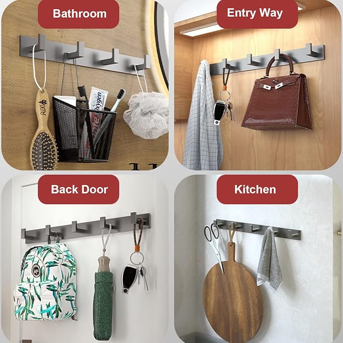 Coat Rack, Heavy Duty Stainless Steel 6 Tri Coat Hook Hanger, Wall Mounted Storage Wall Hooks, Rustic Clothes Hook/Key Hook Rail for Bathroom Kitchen Entryway(6 Hook Grey)