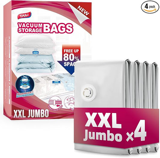 TAILI 4 Pack Vacuum Storage Bags, XXL Jumbo (47x39 Inch), Cream | Vacuum Seal Bags for Clothing, Comforter and Blankets, Bedding, Giant Space Saver for Huge Stuffed Toy