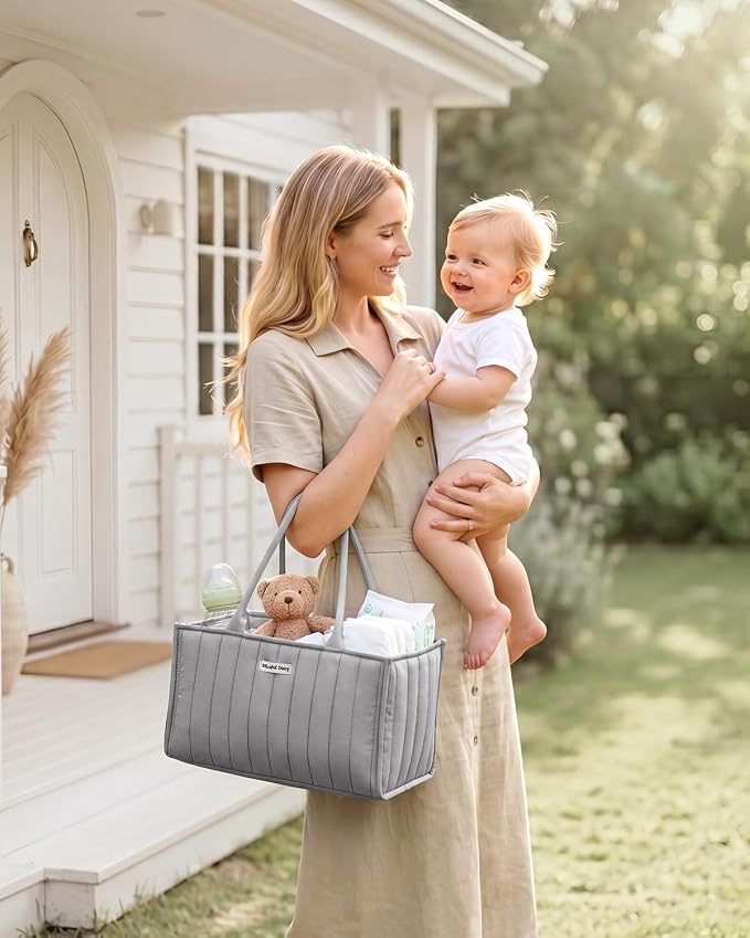 Blissful Diary Baby Diaper Caddy Organizer, Stylish Storage Basket for Newborn Essentials and Diaper Station, Gift for Baby Shower and Registry Must-Have, Light Gray