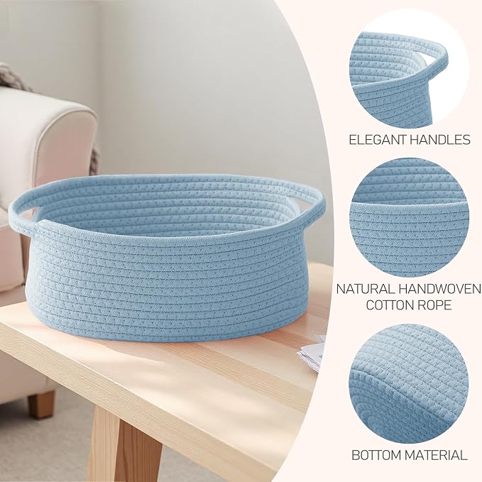 JMvicyroam Small Woven Basket, Empty Gift Basket, Blue/1 Pack | Small Gift Basket, Cotton Rope, 12 x 8 x 30 in, Handles, Includes Ribbon and Bag, Birthday Gift Basket