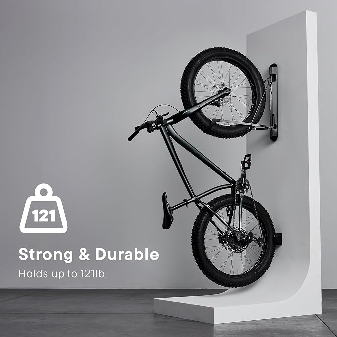 Steadyrack Fat Bike Wall Mount, Vertical Bike Storage for Garage, Shed | ProFlex Fat fits fat tires 2.8 to 4.5 in wide, wheels 20 to 29 in. Chrome-plated steel holds 121 lb, folds flat.