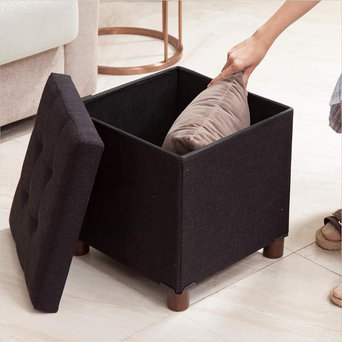15 Inch Storage Ottoman with Wooden Legs - Cube Foot Rest Stool, Square Footstool, Comfortable Seat with Lid, Foldable Fabric Ottoman, Space-Saving Black