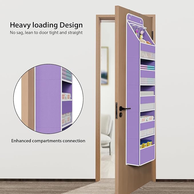 Univivi Fabric Over the Door Organizer for Baby Nursery, Purple, 6-Shelf | Door Storage with Large Capacity Breathable Mesh Pockets, Over Door Hanging Organizer for Baby Essential, Bedroom, and Dorm