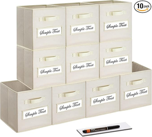 11 Inch Storage Cube,Storage bin (Set of 10) Foldable Fabric Cube Storage Bins with 10 Labels Window Cards & a Pen,Baskets Containers for Shelves,Closet Organizers Box,cube storage,Beige