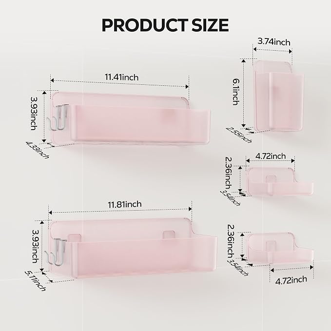 Nieifi Adhesive Shower Shelves, Pink, 5 Pieces | Rustproof ABS, Large Capacity, Removable Design, Easy-Clean, No Drilling Shower Organizer for Bathroom Storage & Home Decor