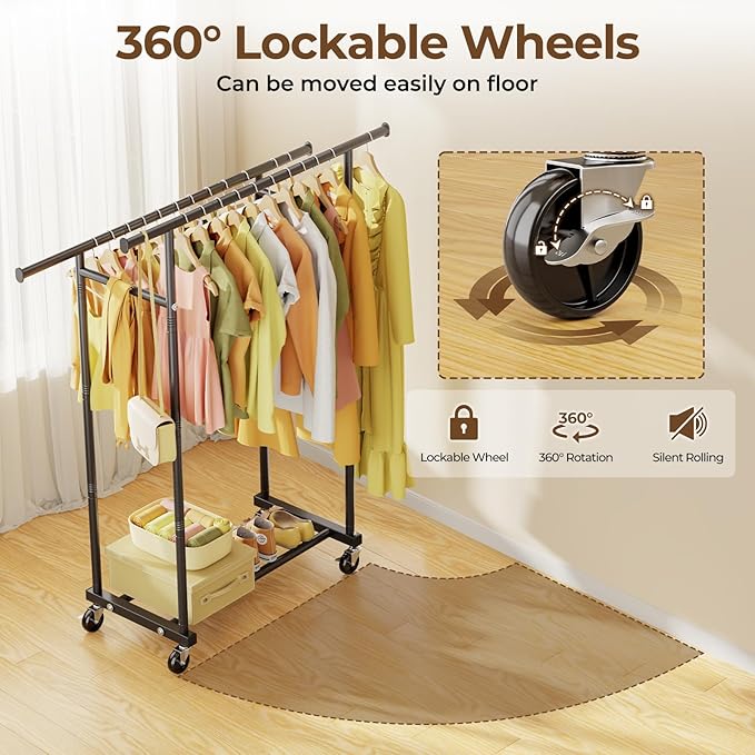 HYSEYY Double Rods Clothes Rack, Rolling Clothing Rack for Hanging Clothes Portable Wardrobe Rack, Metal Garment Rack Sturdy Coat Rack for Bedroom Laundry Living Room, Black