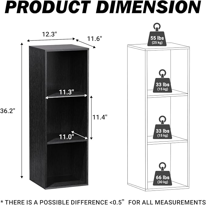 3 Cube Storage Organizer, 3 Tier Cube Low Bookcase Freestanding Storage Display Organizer, Three-Cubes Open Shelf Bookshelf for Home Office (Black, 3-Cube)