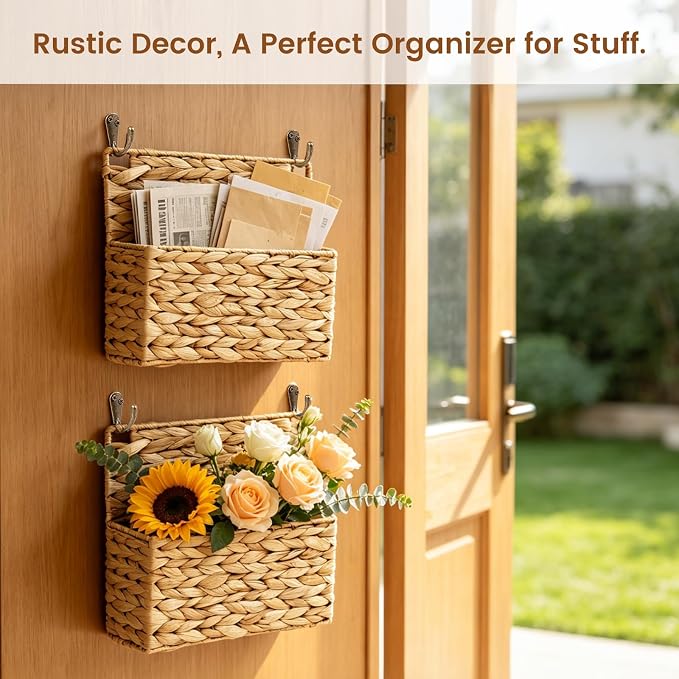 2PCS Woven Mail Holder Wall Mount Basket – Water Hyacinth Magazine Holder Wall Basket, Wicker Mail Organizer Wall Mount for Office, Books, Files, Letters & Entryway Decor, Hooks Included