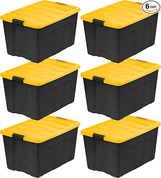 IRIS USA 6-Pack 72 Quart Storage Bins with Lids, Black/Yellow | Black finish conceals stored items. Perfect for moving, blankets, clothing, and garage storage. Nestable design saves space