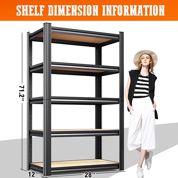 6 Pack Garage Shelving Heavy Duty Storage Shelves, Metal Adjustable Shelving Unit, Utility Garage Organizer Shelf for Basement, Pantry, Kitchen, Warehouse, 71.2" Hx28 Wx12 D, Black