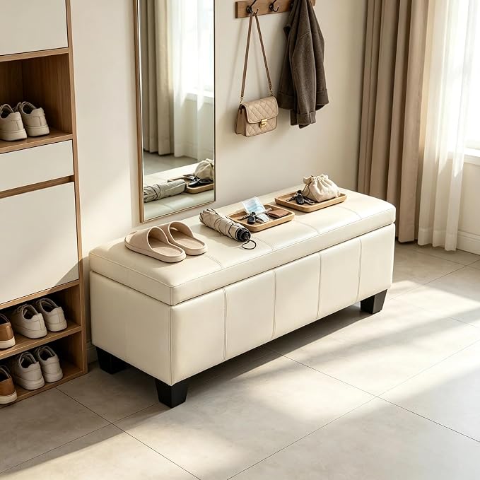 41.5 Inch Cream White Faux Leather Storage Ottoman Bench for Bedroom | 2.8 cu ft hidden storage,660 lbs weight capacity,soft padded seat,solid wood legs for indoor home use