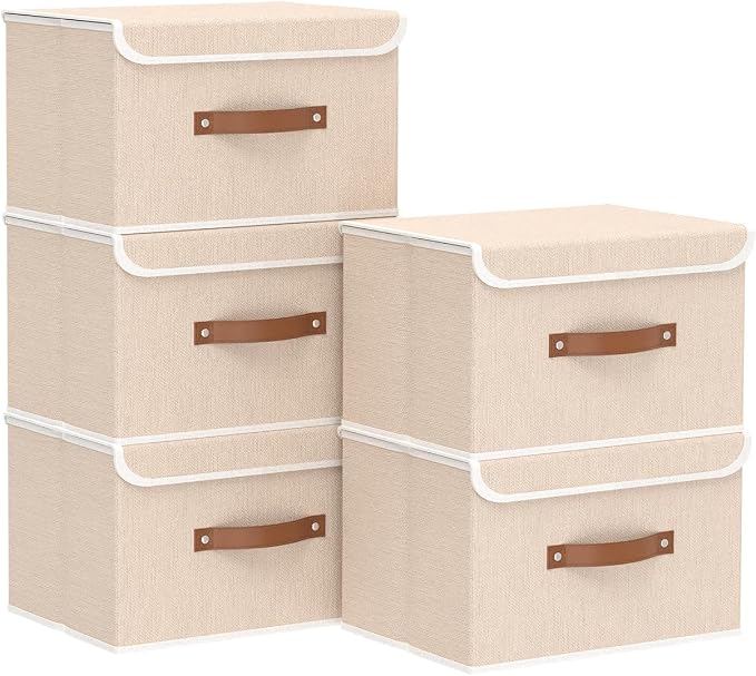 Yawinhe Collapsible Storage Boxes,Beige,10.2x7.9x6.7in,5-Pack | Fabric Storage bin with Lids, Washable Cube Organizer Basket; Container with Leather Handle,Closet Organizer for Home