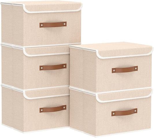 Yawinhe Collapsible Storage Boxes,Beige,10.2x7.9x6.7in,5-Pack | Fabric Storage bin with Lids, Washable Cube Organizer Basket; Container with Leather Handle,Closet Organizer for Home