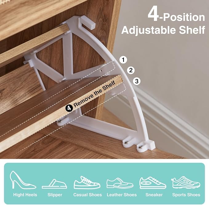 Barnyatoh Farmhouse Shoe Storage Cabinet with 2 Flip Drawers & Rattan Door | Freestanding Hidden Slim Narrow Shoe Rack, Adjustable Shelves,Wood Shoes Organizer for Entryway,Foyer,Hallway, Boho, Natural