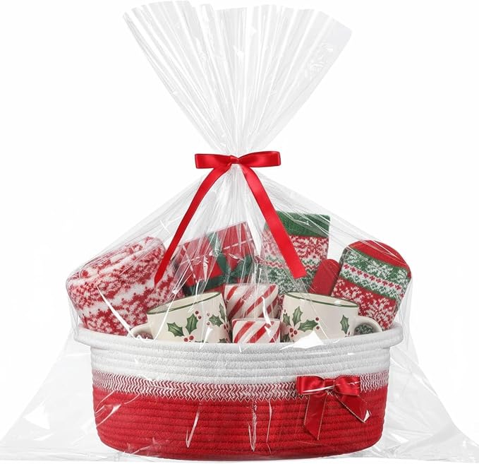 Colingmill 1 Set Woven Empty Basket for Gift,Red White | with Cellophane Wrap Set, 14 x 10 x 5.5 Inch, Medium Decorative Gift Basket, Cotton Rope Storage Box, Home Decor