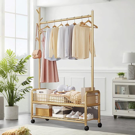MYUPDALIN Clothes Rack with Shelves, Clothing Rack with Wheels, Multifunctional Hangers with Storage Baskets and Shoe Racks, Ideal for Bedrooms and Living Rooms (Gold, Bold 90cm/35in)