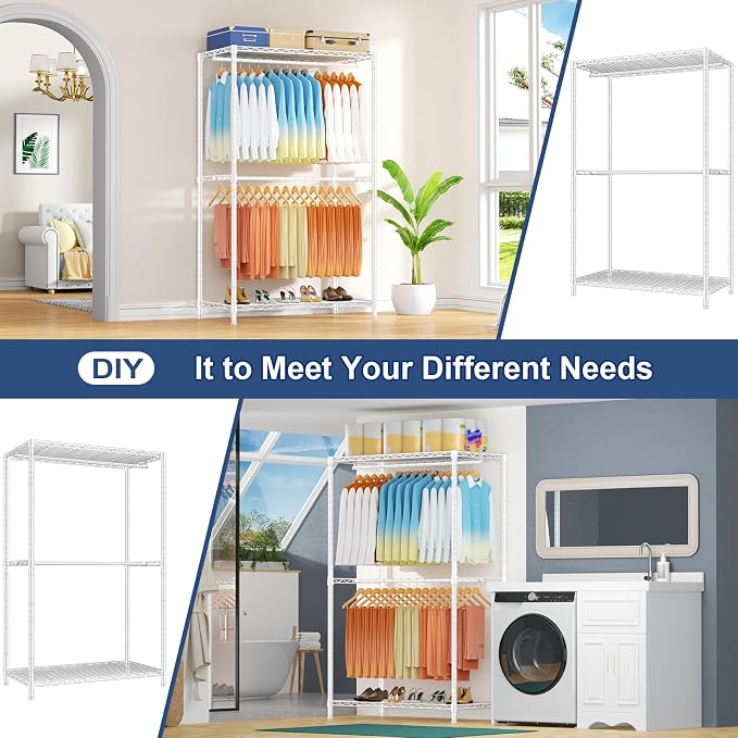 E12 Max Clothes Rack，Heavy Duty Freestanding Garment Rack with Shelves，Metal Clothing Closet Storage System for Hanging Clothes，83" W x 16" D x 76.5" H, Hold 1060 lbs，White