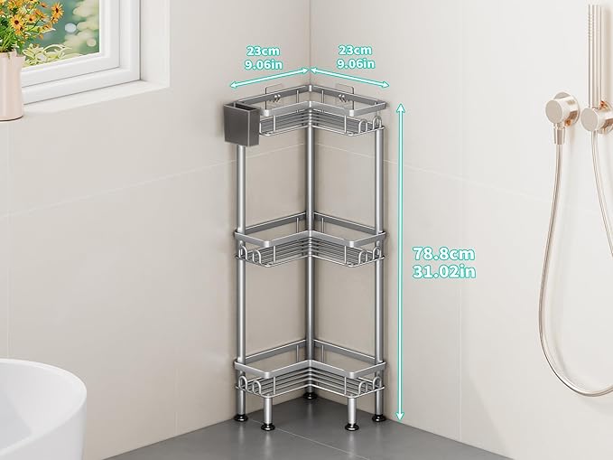 HapiRm Standing Shower Caddy Corner - 3 Tier Corner Shower Organizer with Toothbrush Holder and 12 Hooks, Large Capacity Rustproof Bathroom Shelves for Tall Bottles, Silver