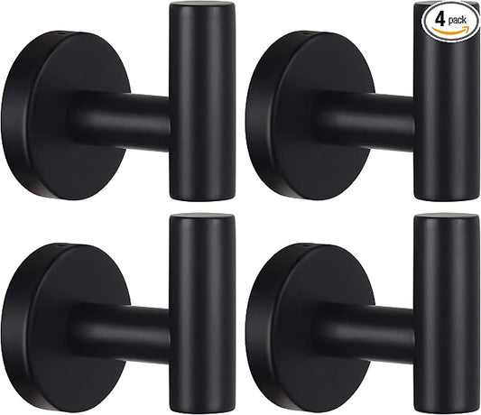 Towel Hooks Bathroom Coat Robe Wall Hook Heavy Duty Door Hanger Towel Robe Clothes Cabinet Closet Sponges Rack for Bathroom Bedroom Kitchen Hotel Pool 4 Packs Black(Drilling Installation)