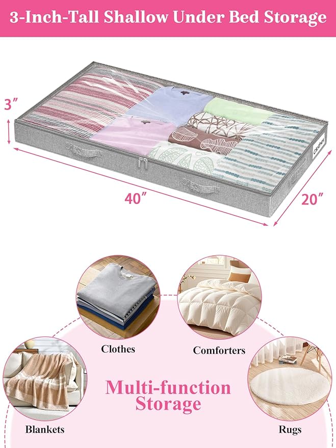 3-in Low Profile Under Bed Storage, No Structure, 2-Pack, Gray | 3" Ultra-Slim, Clear Lid, Reinfoced Handles & Smooth Zips, Dustproof & Waterproof, for Low Bed, Couch, Crib Storage