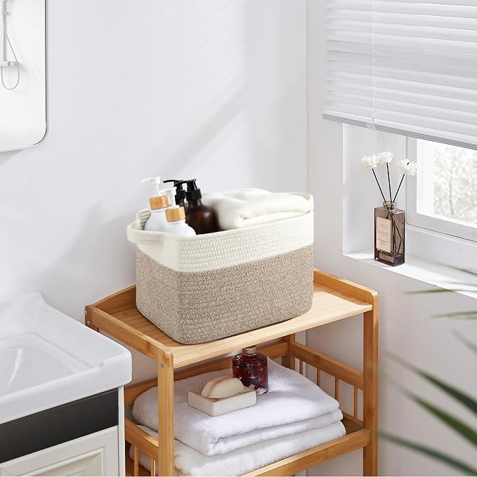 OIASKET Storage Basket for Organizing, Woven Baskets for Storage, Rectangle Decorative Baskets for Shleves, Closet, Toys, Books, Nursery Organizer Bins - Pack of 3 (Brown & White, 13"x9.85"x8.7")