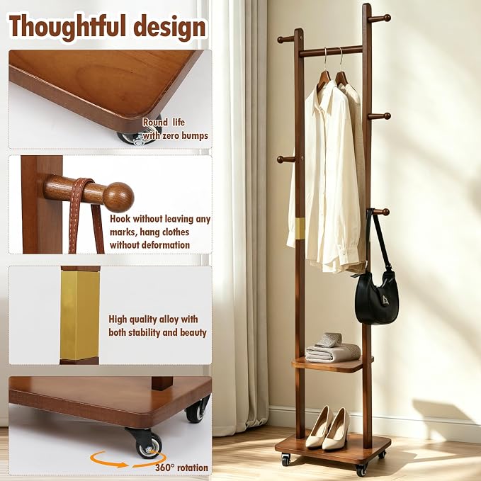 Solid Wood Coat Rack with Wheels, 2-Tier Rolling Garment Rack with 5 Hooks | clothing rack clothes stand hall tree entryway bedroom corner heavy duty